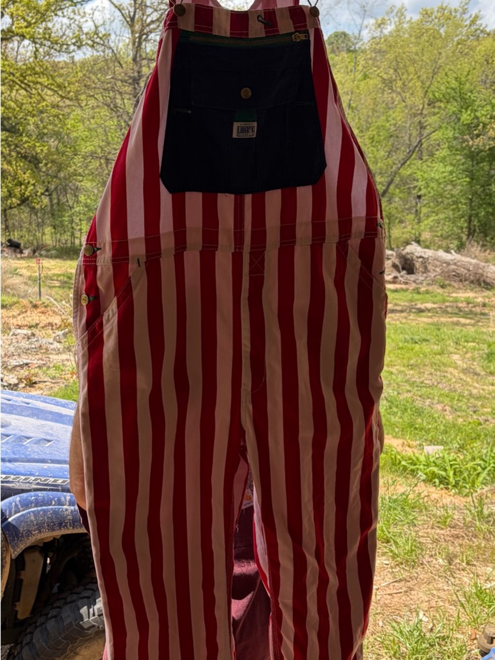 liberty Red and White Striped Mens Overalls with Blue Bib - Picture 3 of 9